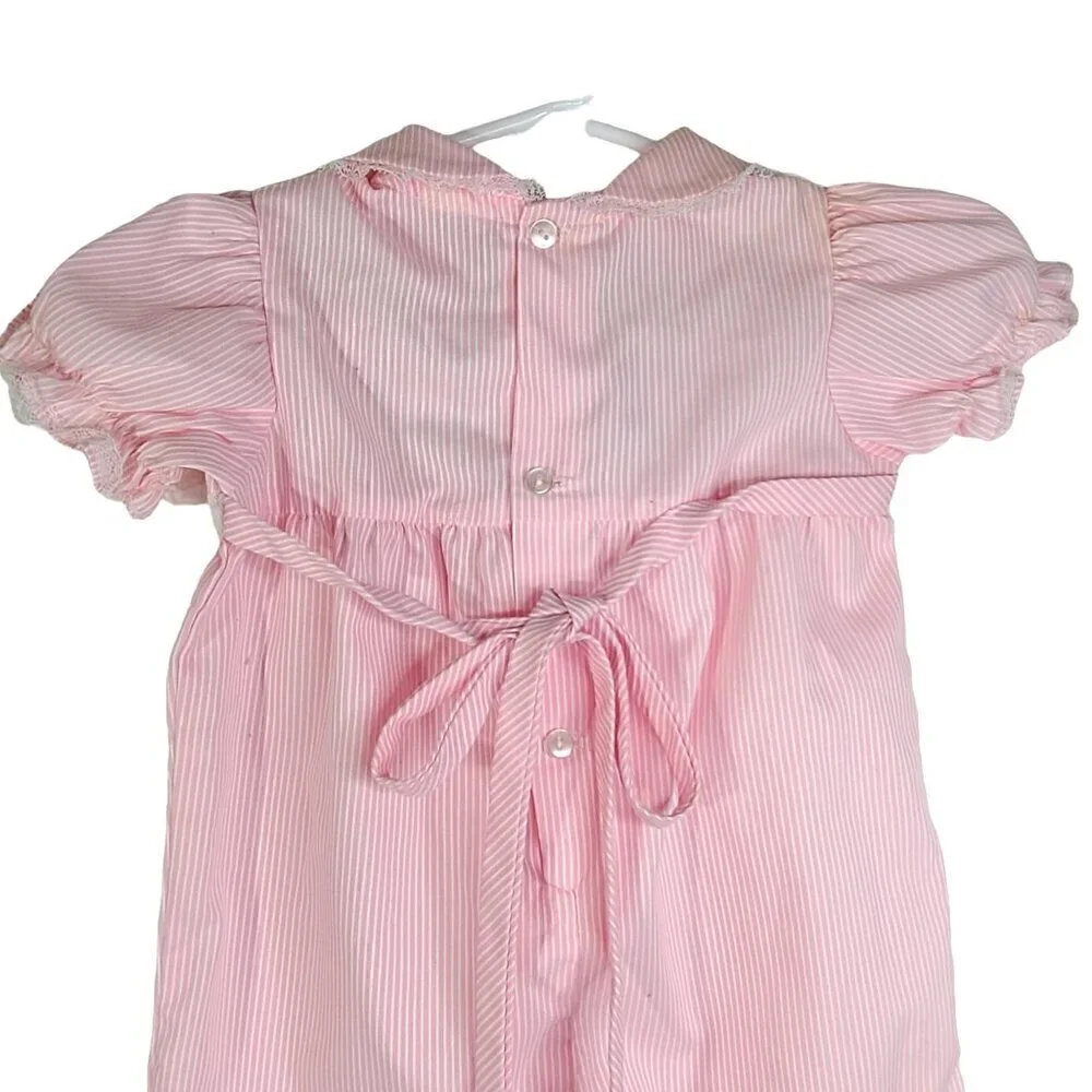 Vintage Pink White Micro Stripe Embroidered Peter Pan Collar Baby Girl Jumpsuit